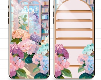 Hydrangea Library iPhone Wallpaper Set: Floral Bookish Lock Screen (Digital Download)