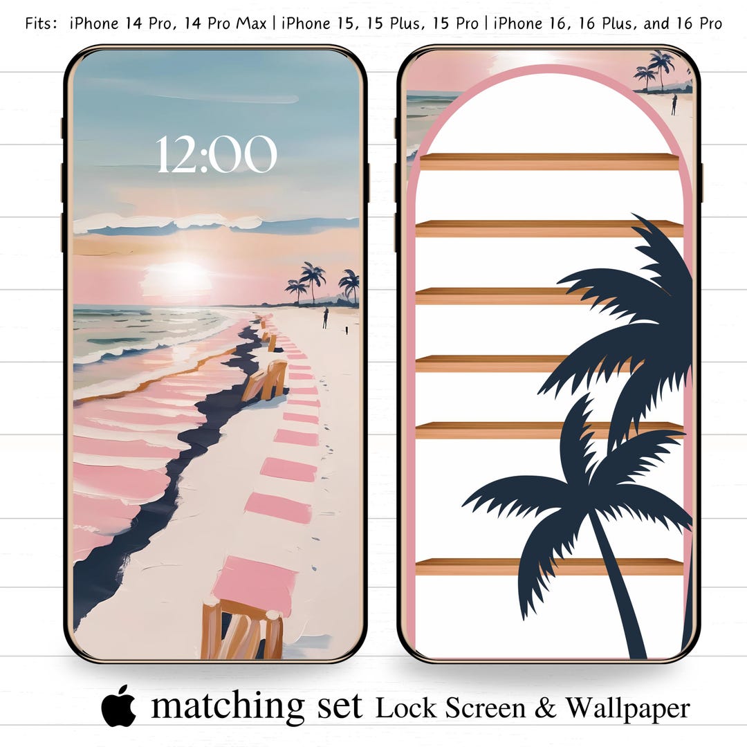 Pink Retro Beach iPhone Wallpaper Set: Neutral Coastal Lock Screen ...