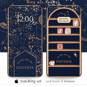 Puede incluir: Un conjunto a juego de pantalla de bloqueo y fondo de pantalla para teléfono. La pantalla de bloqueo muestra un diseño de noche estrellada con la hora 12:00. El fondo de pantalla presenta una estantería con iconos de redes sociales.
