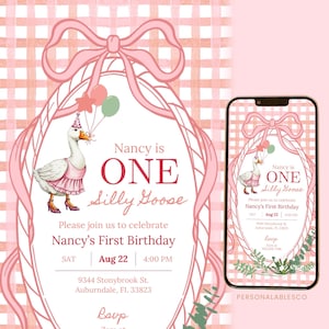Editable One Silly Goose First Birthday Invitation Video Pink Little Girl Lucky Duck Personalables Digital Party Invite Gingham Wagd01