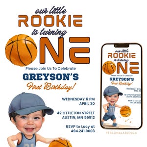 Invitación animada editable para el primer cumpleaños del novato del año en baloncesto con foto personalizable Invitación móvil animada de deportes para niños Rbro01