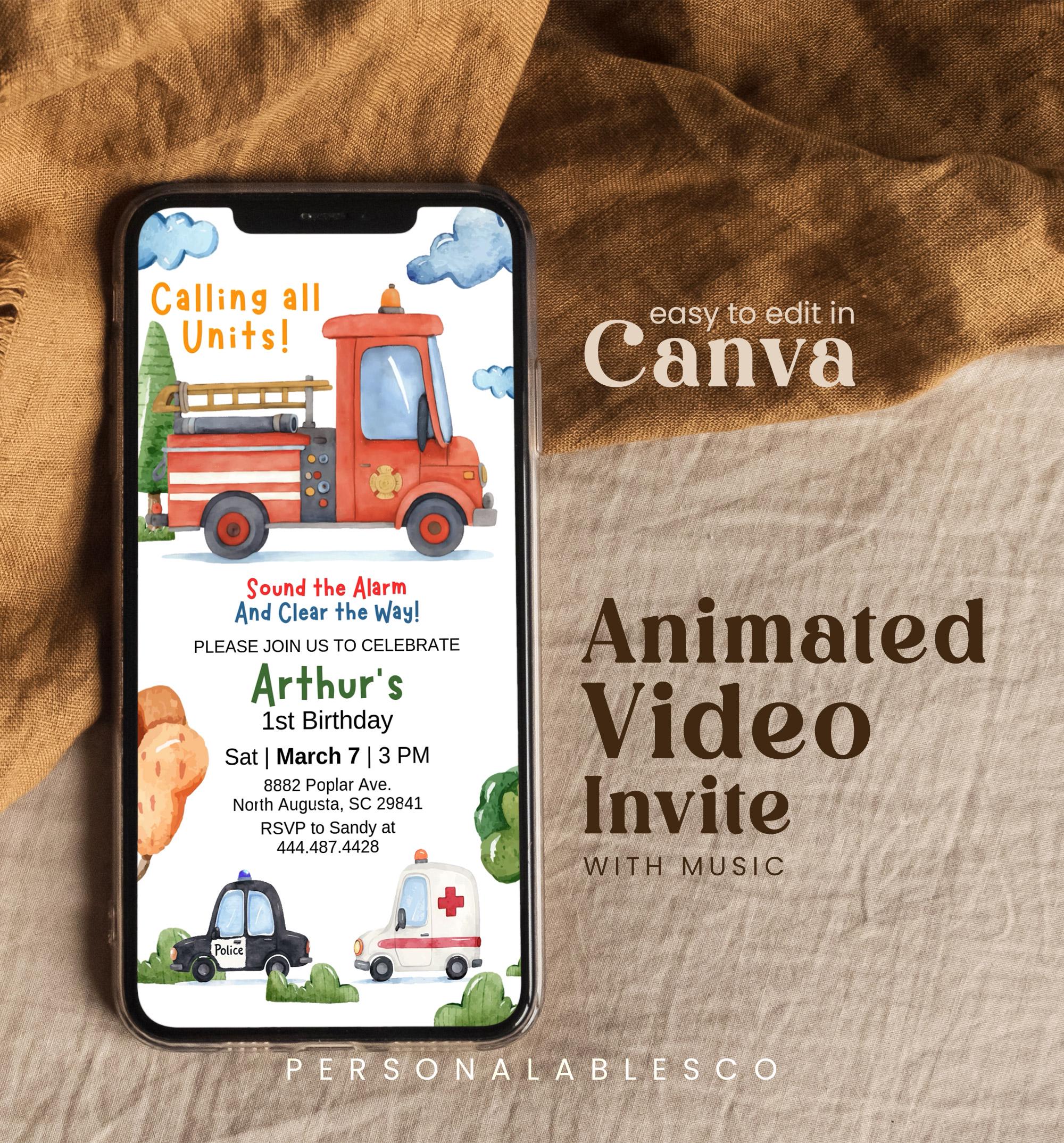 Editable Emergency Vehicles Birthday Invitation Video First Responder ...