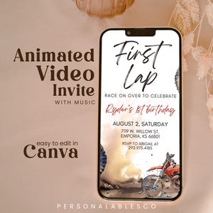 編集可能なファーストラップ リトルレーサー 1歳の誕生日招待状ビデオ Personalables エンジンボーイレーシング 電子モバイルアニメーション招待状 2月1日