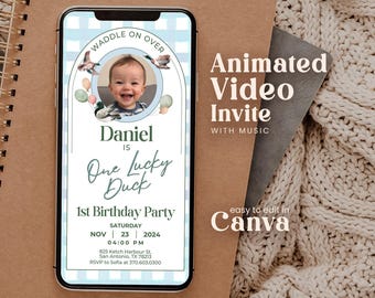 May include: A digital birthday invitation displayed on a smartphone screen featuring a light blue gingham background, a circular photo of a child, illustrations of ducks and balloons, and text reading Waddle On Over, Daniel Is One Lucky Duck.