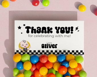 Editable One Happy Dude Treat Bag Topper Boy 1st Birthday Party Décor Cool Candy Favor Tag Label Rad Black Checkered 70s Groovy Retro Cbby01