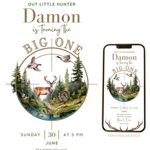 Editable Big One Hunting First Birthday Invitation Template Lucky Duck Mallard Hunt Party Whitetail Deer Outdoor Mobile Video Invite Facgb02