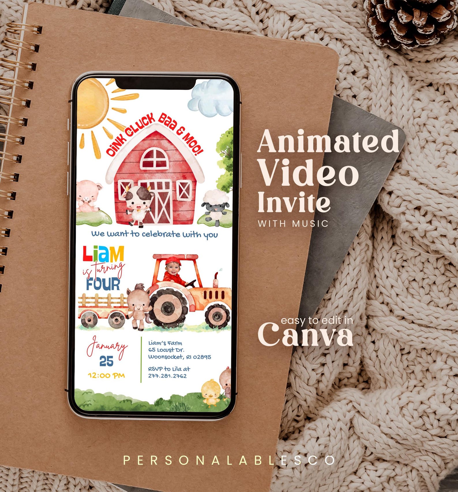 Editable Farm Animals Barnyard Any Age Birthday Video Invitation With ...