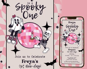 Editable Spooky One Halloween First Birthday Invitation Video Let's Go Ghouls Spooktacular Retro 70s Disco Ghost Cute Boo Fall Invite Gdpb01