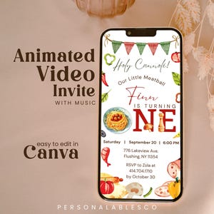 Convite de aniversário de 1 ano do Our Little Meatball editável Vídeo Personalables Pizza Party Chef italiano animado convite eletrônico para celular Psyr01
