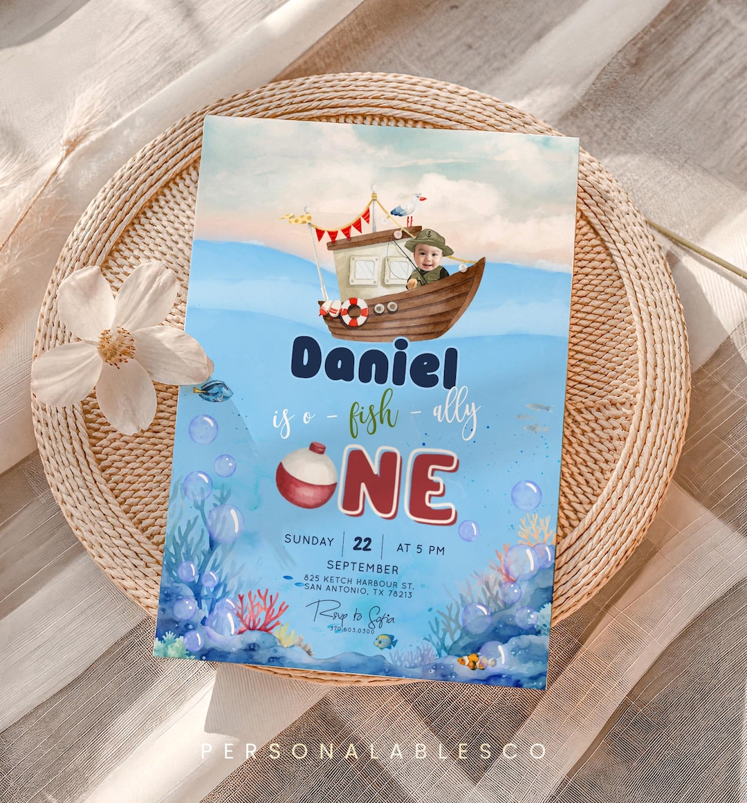 Editable Ofishally One Invite Photo Gone Fishing 1st Birthday Printable ...