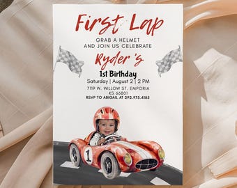 Editable First Lap Race Car 1st Birthday Printable Invitation With Photo Personalables Car Racing Fast One Electronic Mobile Invite  Rcbr01