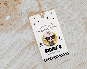 Editable One Happy Dude Boy 1st Birthday Favor Tags Favor Wrapper Décor Boy Rock Roll Party Rad Black Checkered 70s Groovy Retro Cbby01