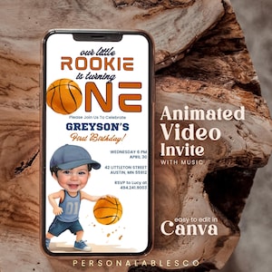 Invitación animada editable para el primer cumpleaños del novato del año en baloncesto con foto personalizable Invitación móvil animada de deportes para niños Rbro01