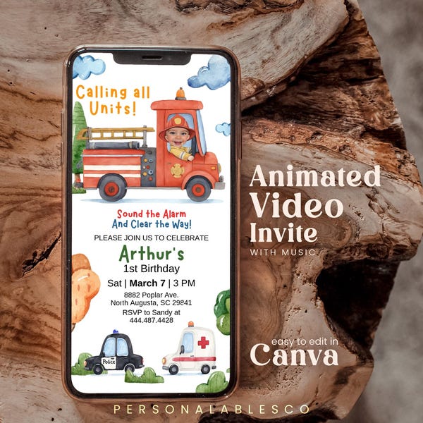 Editable Emergency Vehicles Birthday Invitation Photo Video First Responder Firetruck Personalables Firetruck Truck Kids Invite Evrb01