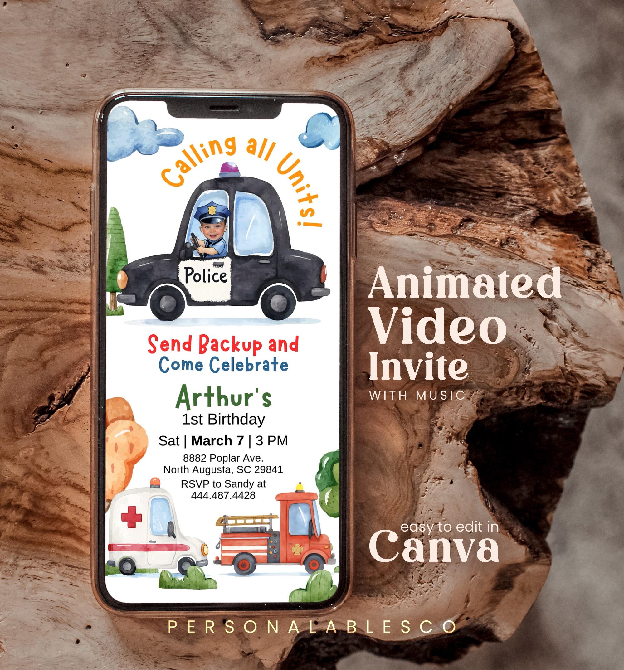 Editable Emergency Vehicles Birthday Invitation Photo Video First ...