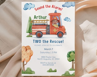 Editable Emergency Vehicles Birthday Invitation Photo Two The Rescue Printable First Responder Personalables Firetruck Firefighter Evrb01