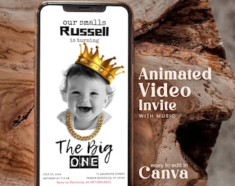 Editable Notorious One 1st Birthday Invitation Template With Picture Black White Hip-Hop Crown 90s Biggie Smalls Party Video Invite Hgbw01