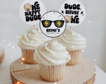 Editable One Happy Dude Boy 1st Birthday Cupcake Topper Cool Cake Centerpiece Décor Rock Roll Party Rad Black Checkered Groovy Retro Cbby01