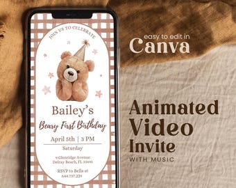 Editable Beary First Birthday Invitation Animated Teddy Bear Personalables Minimalist Neutral Girl Boy 1st Party Invite Template Bmbb01