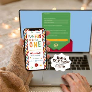 May include: A smartphone displaying a digital birthday invitation with the text It's FUN to be ONE Adam's First Birthday, featuring a colorful border and a play button. A laptop screen in the background shows an RSVP form and a Built-in RSVP Tracker label.