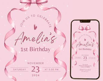 Editable Pink Bow First Birthday Invitation Video Any Age Girl Soft Pastel Watercolor Ribbon 1st Bday Party Animated Text Invite  Brpp01