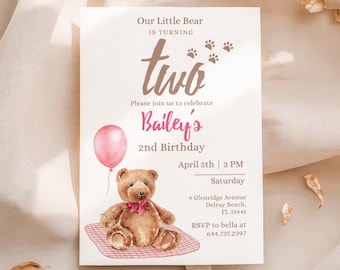 Editable Little Bear Birthday Invitation Printable Teddy Bear Personalables Girl Any Age Picnic Party Pink Gingham Invite Template Bmbb01