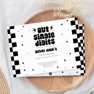 Editable Happy Dude 10th Birthday Invitation Cool Boy Tenth Rock Roll Party Rad Black Checkered 70s Groovy Retro Diy Invite Template Cbby01