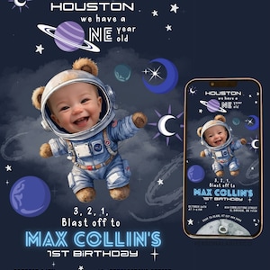 Invito animato modificabile per il 1° compleanno dello spazio cosmico con foto Invito di esplosione del pianeta astronauta e del ragazzo Sabv01