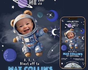 Editable Outer Space 1st Birthday Animated Invitation With Photo Astronaut Boy First Trip Around Sun Galaxy Planet Blast Off Invite Sabv01
