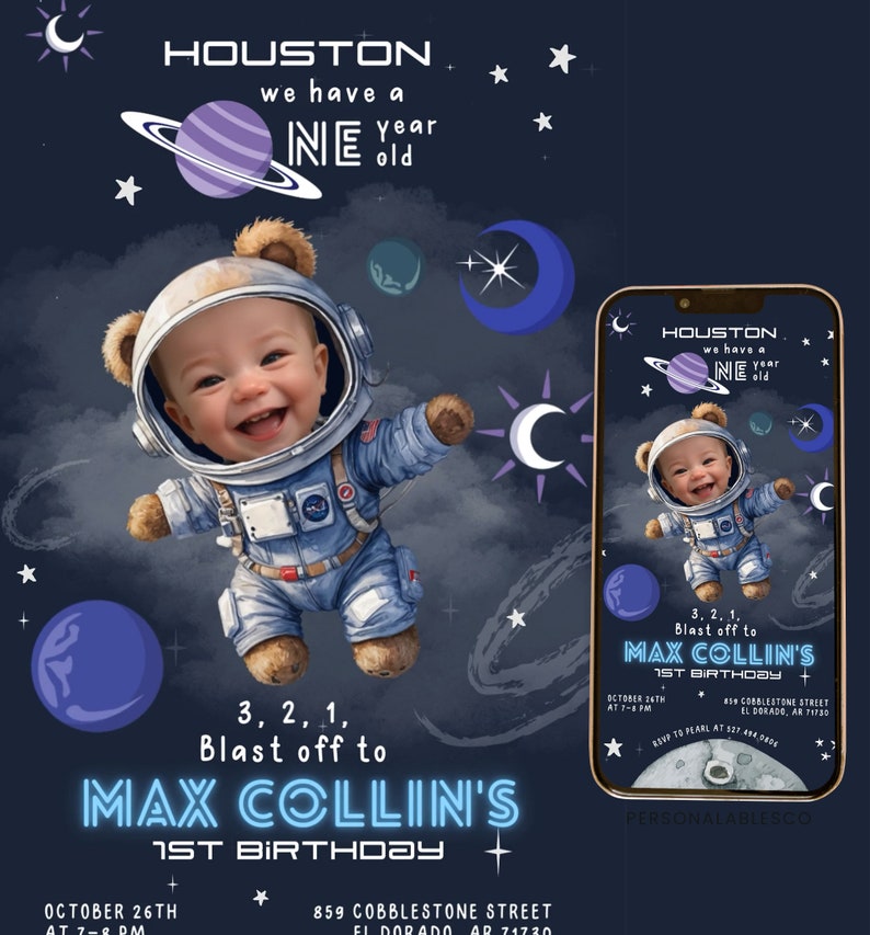 Editable Outer Space 1st Birthday Animated Invitation With Photo Astronaut Boy First Trip Around Sun Galaxy Planet Blast Off Invite Sabv01 image 1