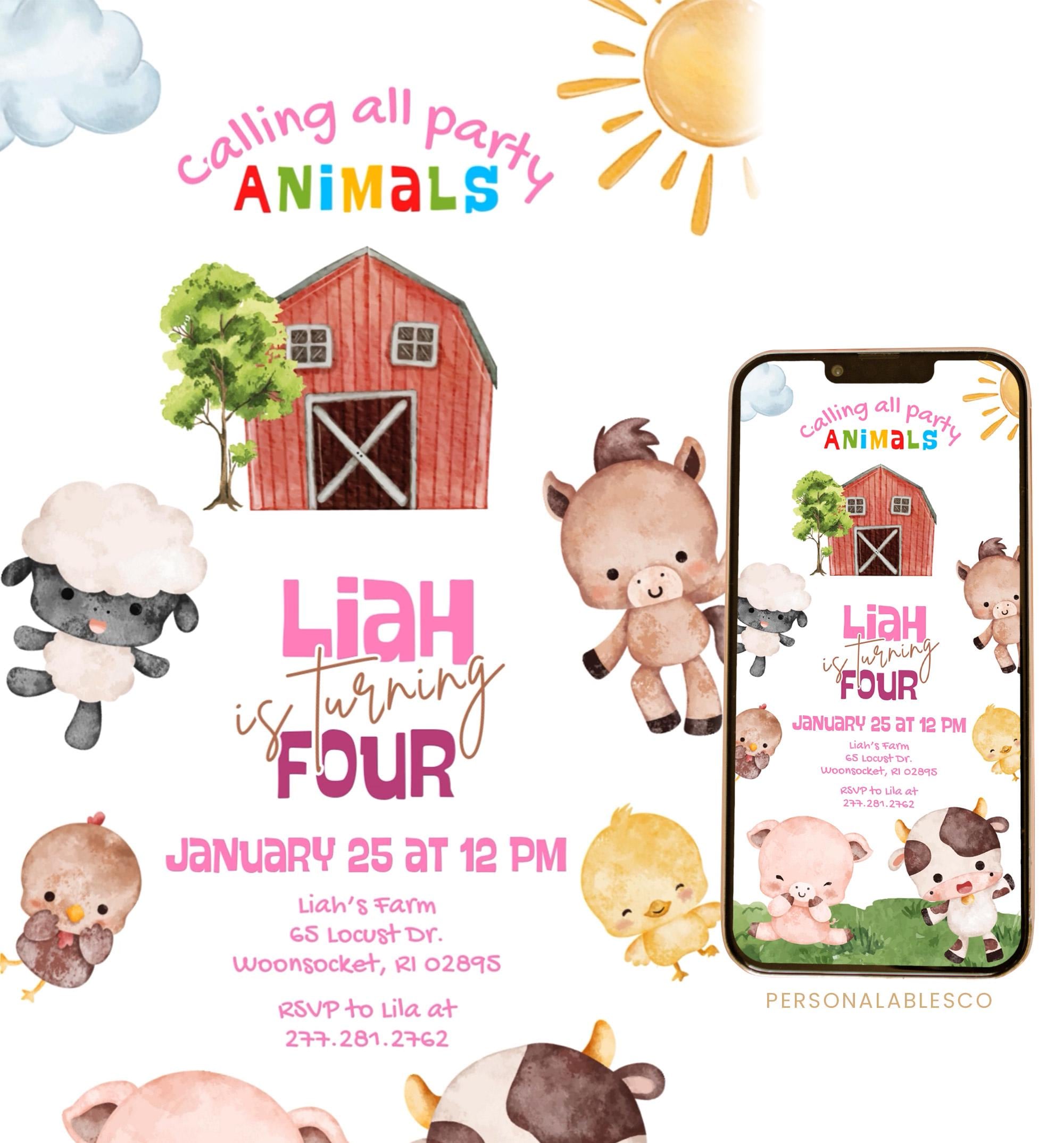 Editable Oink, Cluck, Moo Farm Animals Any Age Birthday Video Invitation Personalables Barn Tractor Cow Moo Electronic Mobile Invite Farp01