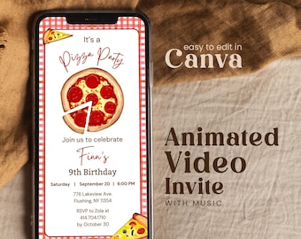 Invitación de video editable para fiesta de pizza de cualquier edad, cumpleaños, personalizable, pizza de albóndigas, chef italiano, pepperoni, invitación electrónica móvil Psyr01