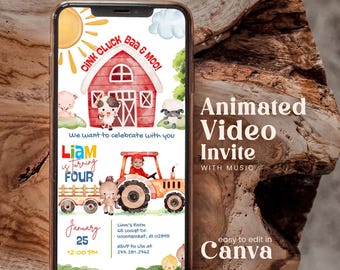 Editable Farm Animals Barnyard Any Age Birthday Video Invitation With Photo Personalables Farm Animals Barn Red Tractor Mobile Invite Bfpr01