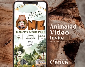Editable One Happy Camper 1st Birthday Invitation Template With Picture Boys First Bday Rustic Woodland Trees Mountain Text Invite Facgb01