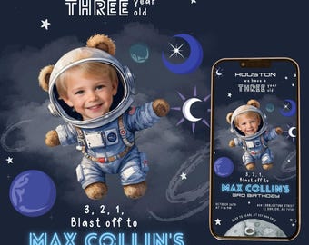 Editable Outer Space Any Age Birthday Animated Video Invite With Photo Boy Astronaut Rocket Ship Invitation Blast Off Galaxy Planets Sabv01