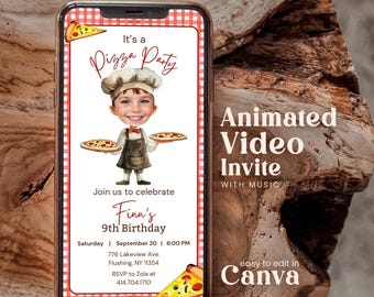 Editable Pizza Party Any Age Birthday Video Invitation With Photo Personalables Pizza Italian Chef Meatball Electronic Mobile Invite Psyr01