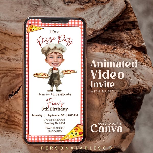 Editable Pizza Party Any Age Birthday Video Invitation With Photo Personalables Pizza Italian Chef Meatball Electronic Mobile Invite Psyr01