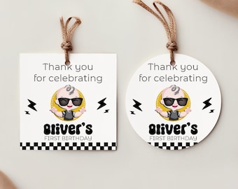 Editable One Happy Dude Boy 1st Birthday Favor Tags Favor Wrapper Décor Boy Rock Roll Party Rad Black Checkered 70s Groovy Retro Cbby01