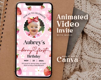 Editable Berry First Birthday Invitation Animated Strawberry 1st Digital Invite Photo Personalables Red Farmers Market Template Girls Fsrg01