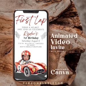 May include: A smartphone screen displaying a digital birthday invitation with the text First Lap, Grab a Helmet and Join Us Celebrate Ryder's 1st Birthday, featuring a watercolour illustration of a child in a red race car with a number one.