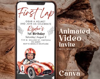 Editable First Lap Race Car 1st Birthday Animated Invitation With Photo Personalables Car Racing Fast One Electronic Mobile Invite  Rcbr01