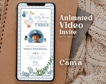 Editable Silly Goose Birthday Invitation Photo Video Blue Little Boy Lucky Duck Any Age Personalables First Digital Invite Gingham Wagd01