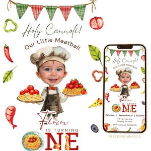 Convite animado editável Our Little Meatball 1º aniversário com foto Personalables Pizza Italian Chef Bolo Convite animado para celular Psyr01