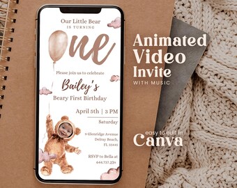 Editable Beary First Birthday Invitation Photo Animated Teddy Bear Personalables Girl Boy Turning One Party Neutral Invite Template Bmbb01