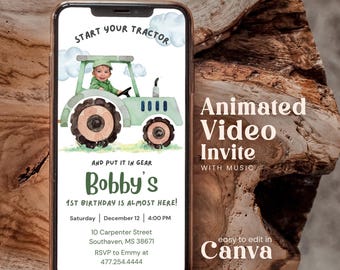 Editable Start Your Tractor 1st Birthday Animated Invitation With Photo Personalables Farm Tractor Busy Truck Animated Mobile Invite Ftgy01