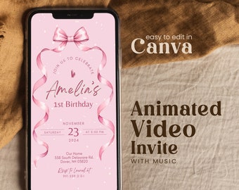 Editable Pink Bow First Birthday Invitation Video Any Age Girl Soft Pastel Watercolor Ribbon 1st Bday Party Animated Text Invite  Brpp01