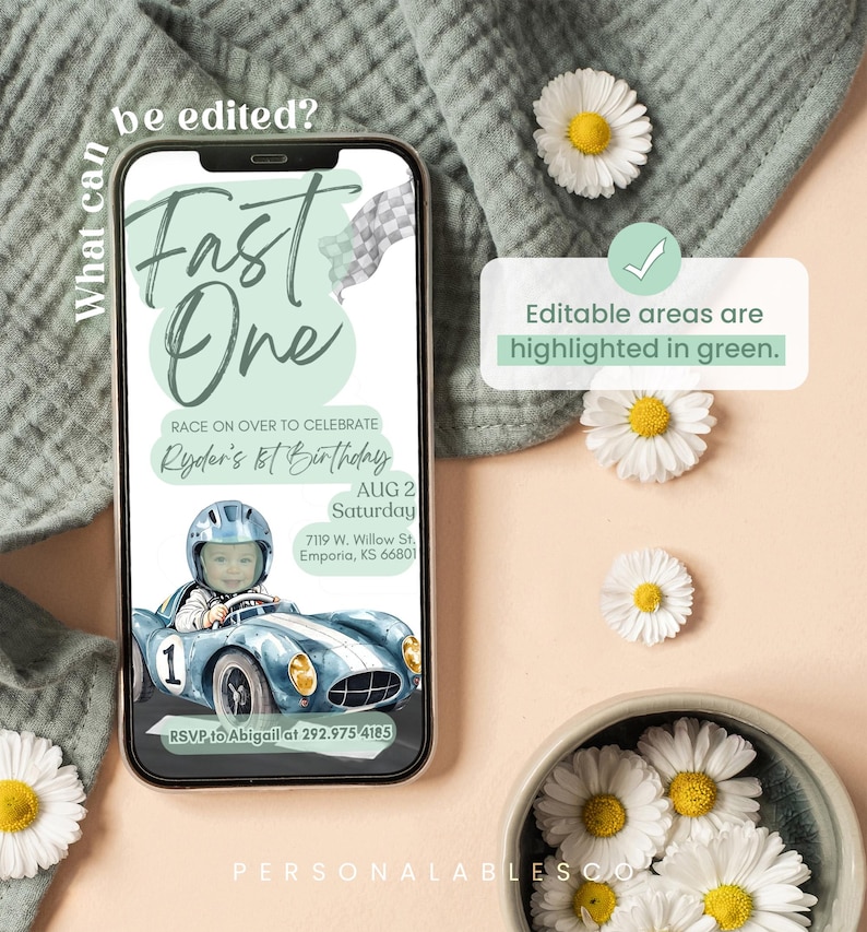 May include: A digital invitation for a first birthday party with a green and blue color scheme. The invitation features a cartoon image of a baby in a race car. The text on the invitation reads "Fast One" and "Race on over to celebrate Ryder's 1st Birthday".