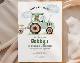 Editable Start Your Tractor 1st Birthday Printable Invitation With Photo Personalables Farm Tractor Busy Truck Mobile Invite Ftgy01