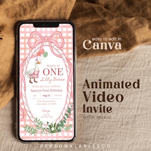 Editable One Silly Goose First Birthday Invitation Video Pink Little Girl Lucky Duck Personalables Digital Party Invite Gingham Wagd01
