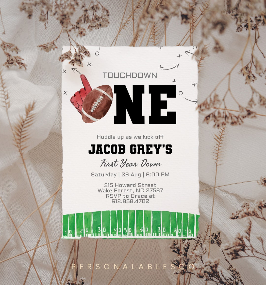 First Year Down Birthday Invitation Any Age Football Kids Sports Team